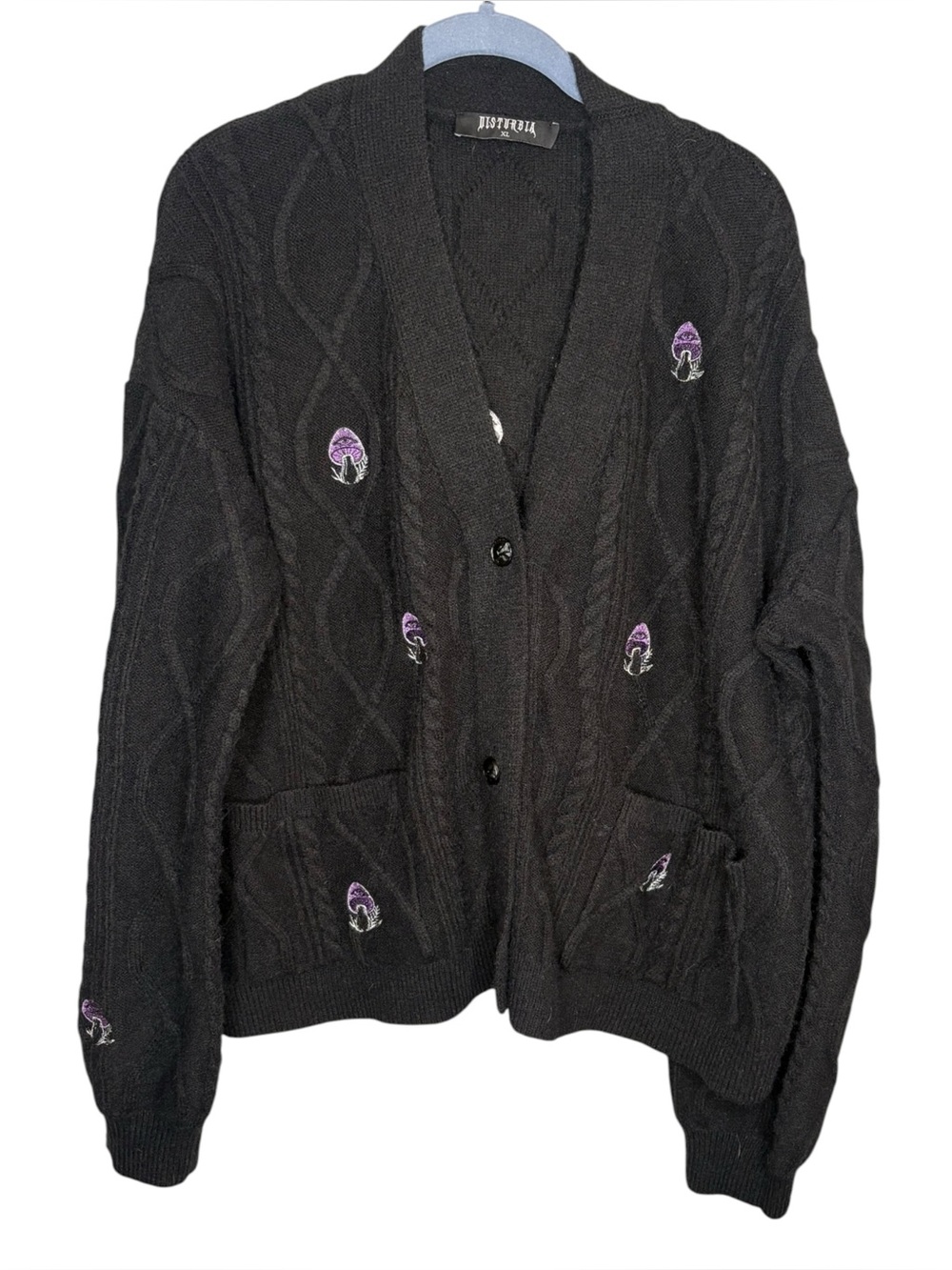 Disturbia Revelation Mushroom Knit cardigan sweater black women’s size xl - Picture 2 of 6